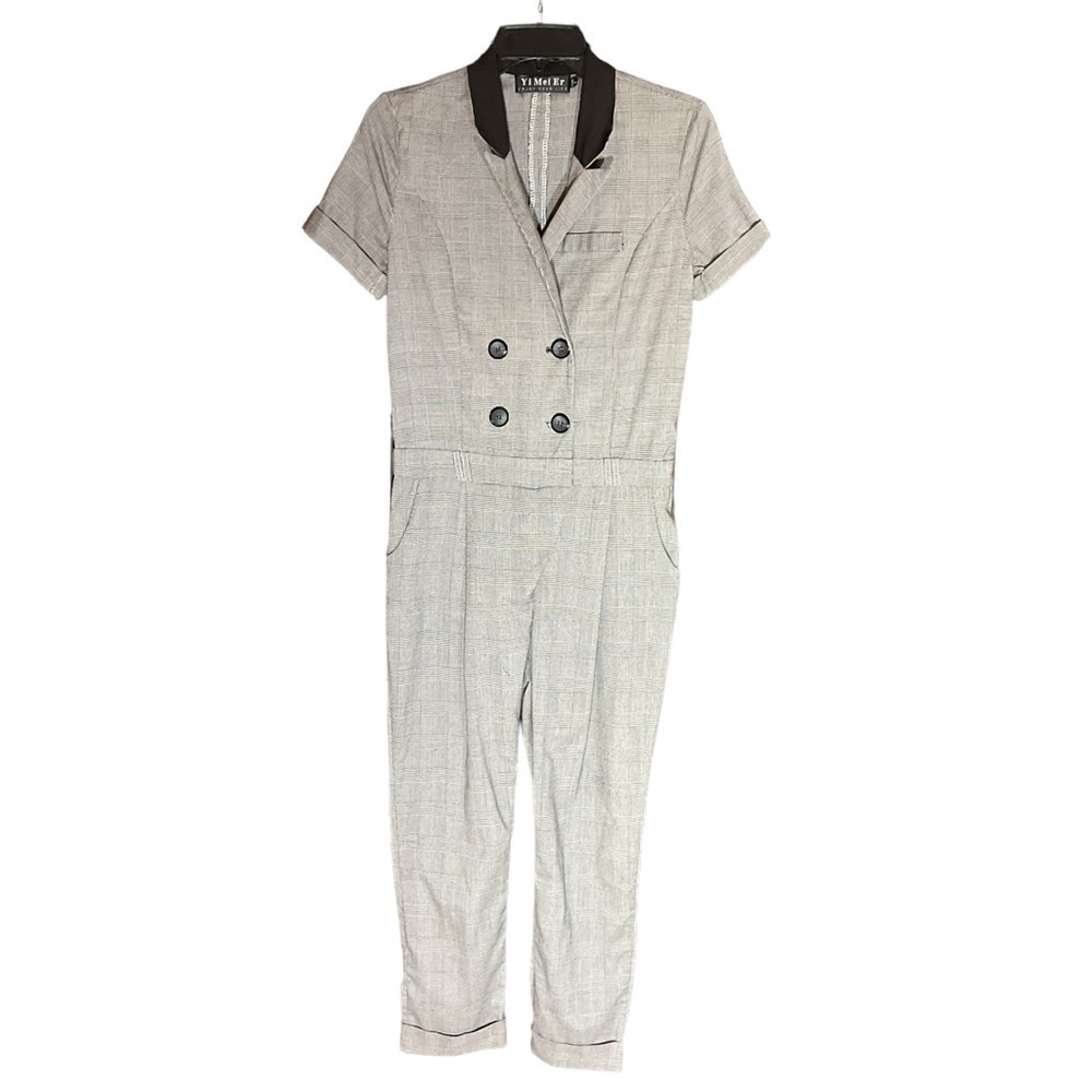 Vintage Yi Mei Er Short Sleeve Jumpsuit Office Black Gray Plaid Size Small